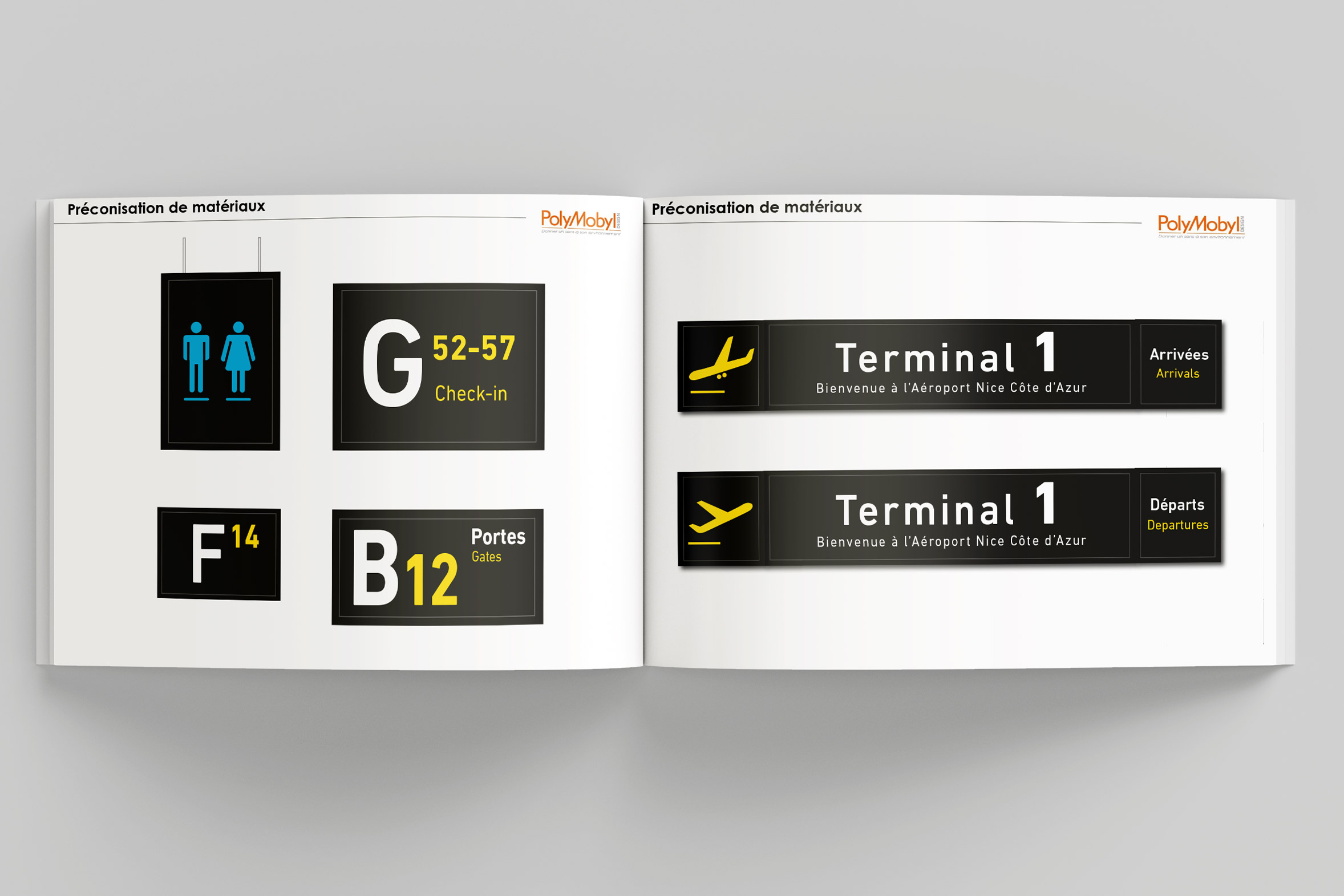 aéroport Nice conception signalétique système codes couleurs